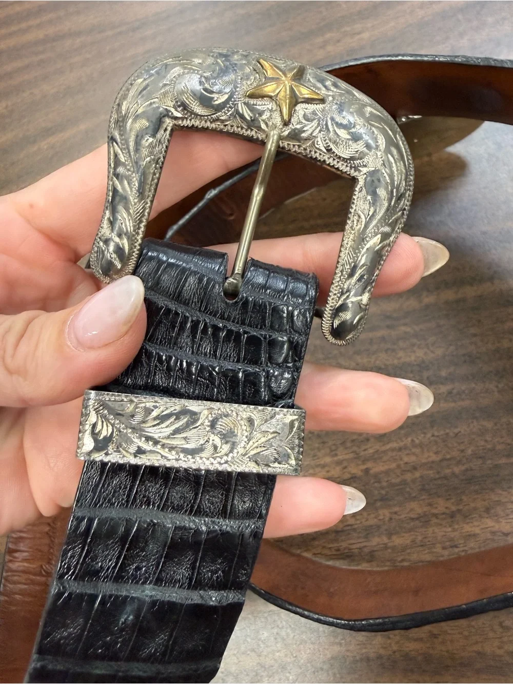 BLACK JACK BELTS • Black genuine crocodile Western Buckle Belt - size 36
